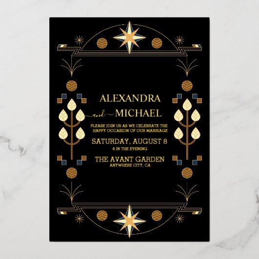 Modern Art Deco Black en Gold Wedding Folie Uitnodiging (Voorkant)