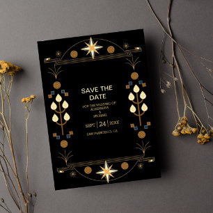 Modern Art Deco Black en Gold Wedding Folie Uitnodiging