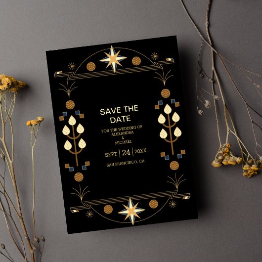 Modern Art Deco Black en Gold Wedding Folie Uitnodiging
