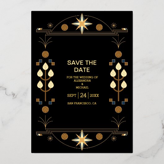 Modern Art Deco Black en Gold Wedding Folie Uitnodiging (Voorkant)