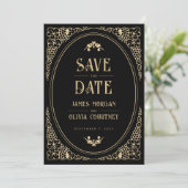 Modern Art Deco Black en Gold Wedding Save The Date (Staand voorkant)