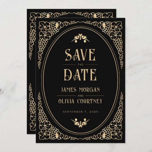 Modern Art Deco Black en Gold Wedding Save The Date (Voorkant / Achterkant)