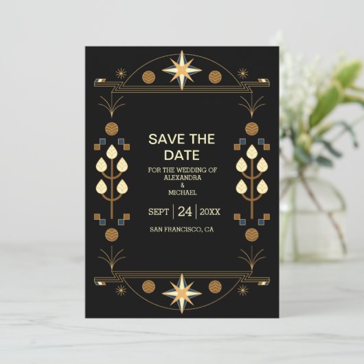 Modern Art Deco Black en Gold Wedding Save The Date (Staand voorkant)