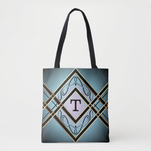 Modern Art Deco Blauw Elegant Monogram Tote Bag (Voorkant)