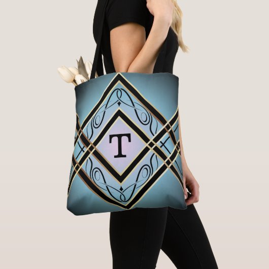 Modern Art Deco Blauw Elegant Monogram Tote Bag (Dichtbij)