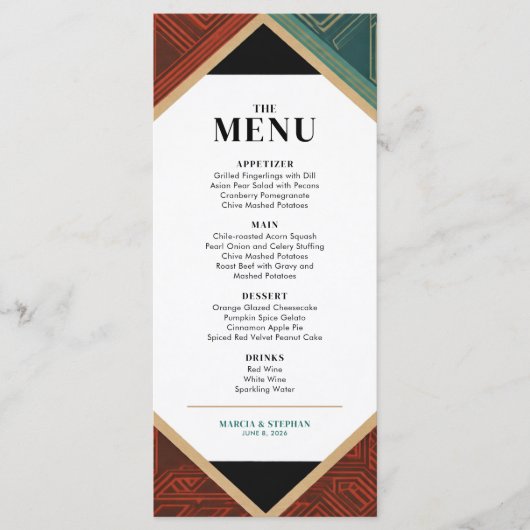 Modern Art Deco Geometric Diamond Frame Wedding  Menu (Voorkant)