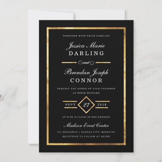 Modern Art Deco Gold & Black Wedding Invitation Kaart (Voorkant)
