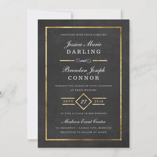 Modern Art Deco Gold & Black Wedding Invitation Kaart (Voorkant)
