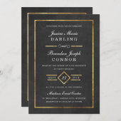 Modern Art Deco Gold & Black Wedding Invitation Kaart (Voorkant / Achterkant)