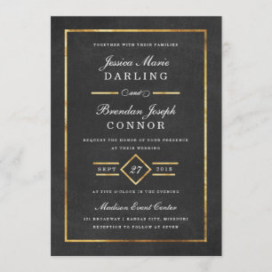Modern Art Deco Gold & Black Wedding Invitation Kaart
