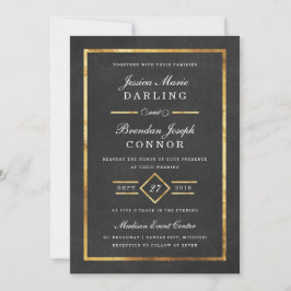 Modern Art Deco Gold & Black Wedding Invitation Kaart