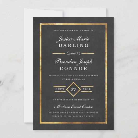 Modern Art Deco Gold & Black Wedding Invitation Kaart (Voorkant)