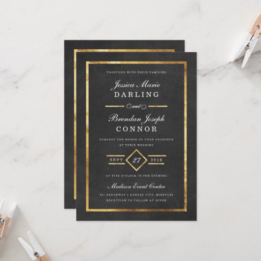 Modern Art Deco Gold & Black Wedding Invitation Kaart (Voorkant / Achterkant in situ)