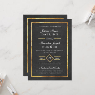 Modern Art Deco Gold & Black Wedding Invitation Kaart