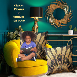 Modern Art Deco Goud Zwart Sunburst Motief 20 x 20 Kussen