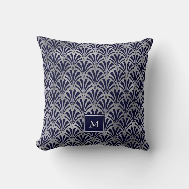 Modern Art Deco | Monogram Navy en Faux Silver Kussen (Voorkant)