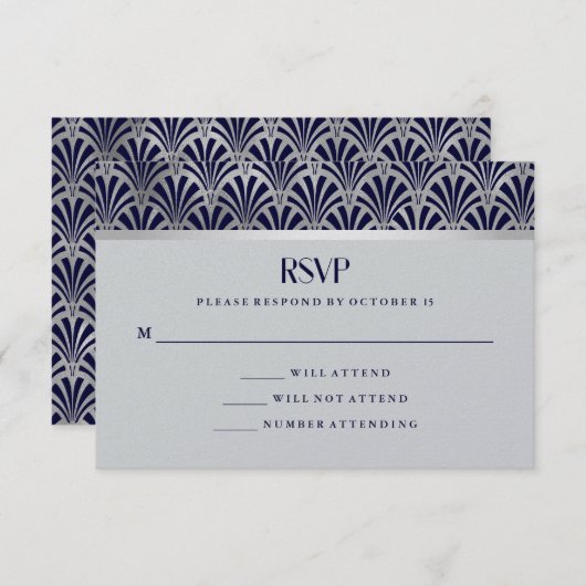 Modern Art Deco | Navy en Faux Silver RSVP (Voorkant / Achterkant)