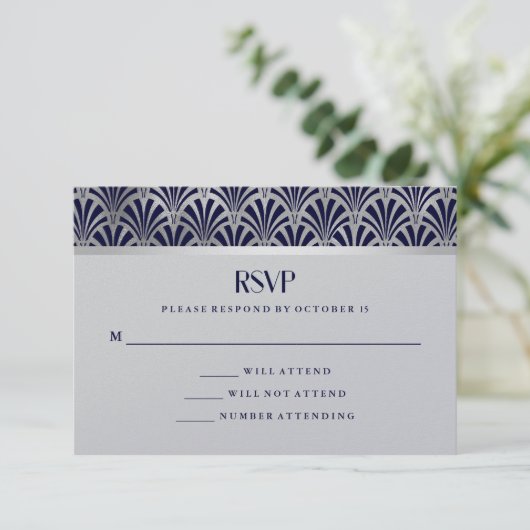 Modern Art Deco | Navy en Faux Silver RSVP (Staand voorkant)
