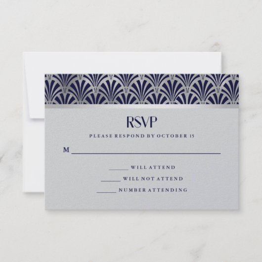 Modern Art Deco | Navy en Faux Silver RSVP Kaartje (Voorkant)