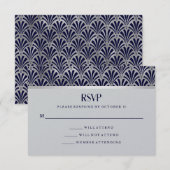 Modern Art Deco | Navy en Faux Silver RSVP Kaartje (Voorkant / Achterkant)