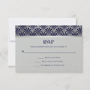 Modern Art Deco Navy en Faux Silver RSVP Kaartje