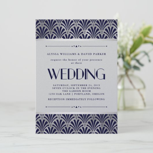 Modern Art Deco | Navy en Faux Silver Wedding Kaart (Staand voorkant)