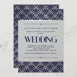 Modern Art Deco | Navy en Faux Silver Wedding Kaart
