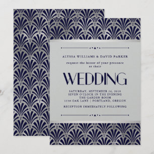 Modern Art Deco   Navy en Faux Silver Wedding Kaart