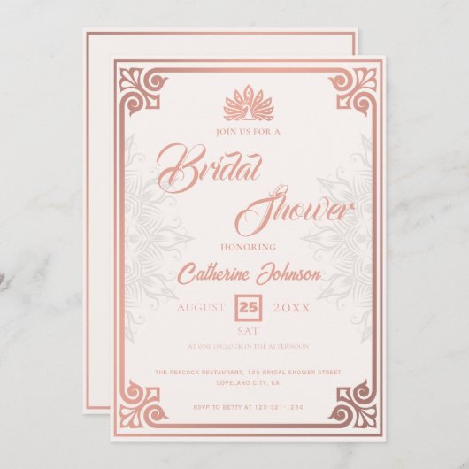 Modern Art Deco Peacock Roos Roze Vrijgezellenfees Kaart (Voorkant / Achterkant)