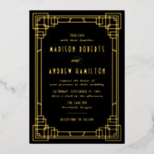 Modern Art Deco Wedding Black en Gold Folie Uitnodiging (Voorkant)