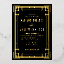 Modern Art Deco Wedding Black en Gold Folie Uitnodiging