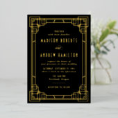 Modern Art Deco Wedding Black en Gold Folie Uitnodiging (Staand Voorkant)