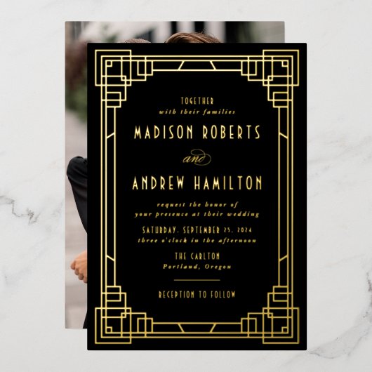 Modern Art Deco Wedding Black en Gold Folie Uitnodiging (Voorkant / Achterkant)