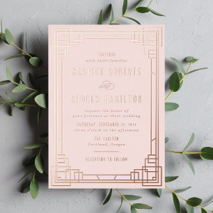 Modern Art Deco Wedding Blush en Roos Gold Folie Uitnodiging