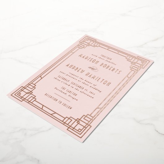 Modern Art Deco Wedding Blush en Roos Gold Folie Uitnodiging (Gedraaid)