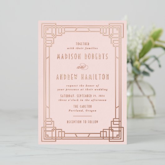 Modern Art Deco Wedding Blush en Roos Gold Folie Uitnodiging (Staand Voorkant)