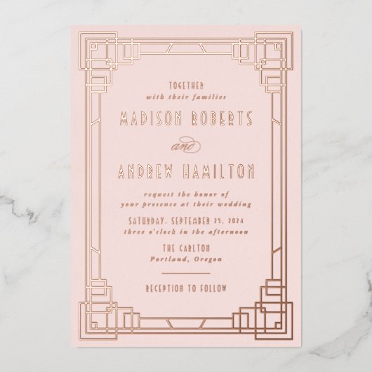 Modern Art Deco Wedding Blush en Roos Gold Folie Uitnodiging (Voorkant)