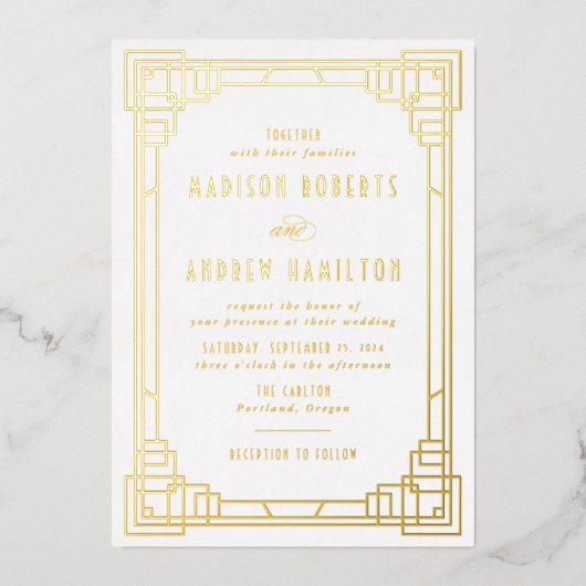 Modern Art Deco Wedding Gold Folie Uitnodiging (Voorkant)