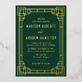 Modern Art Deco Wedding Green en Gold Folie Uitnodiging
