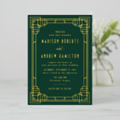 Modern Art Deco Wedding Green en Gold Folie Uitnodiging (Staand Voorkant)