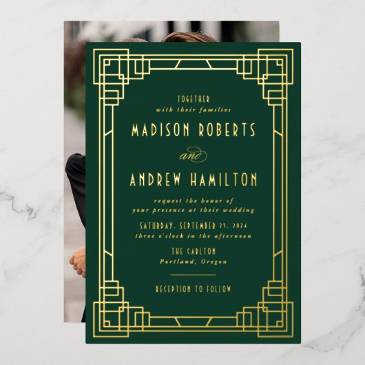 Modern Art Deco Wedding Green en Gold Folie Uitnodiging (Voorkant / Achterkant)