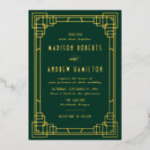 Modern Art Deco Wedding Green en Gold Folie Uitnodiging (Voorkant)