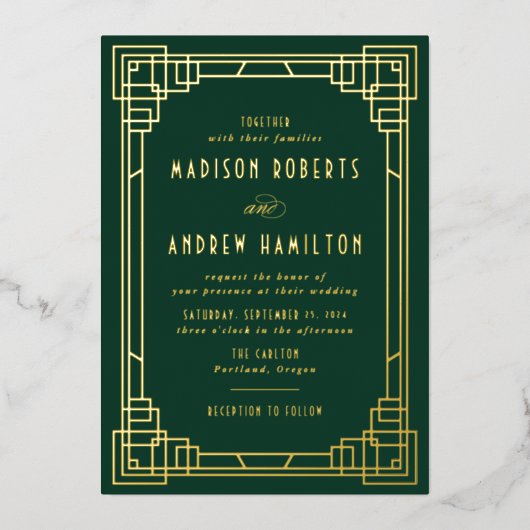 Modern Art Deco Wedding Green en Gold Folie Uitnodiging (Voorkant)