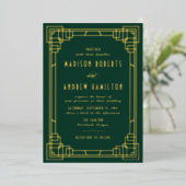 Modern Art Deco Wedding Green en Gold Folie Uitnodiging (Staand Voorkant)