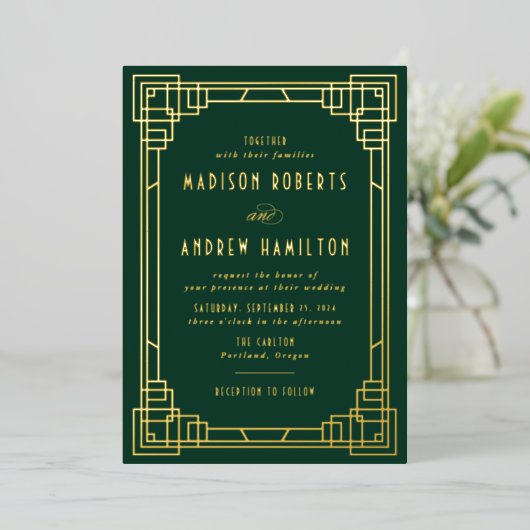 Modern Art Deco Wedding Green en Gold Folie Uitnodiging (Staand Voorkant)