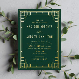 Modern Art Deco Wedding Green en Gold Folie Uitnodiging
