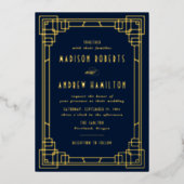 Modern Art Deco Wedding Navy and Gold Folie Uitnodiging (Voorkant)