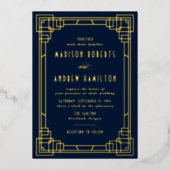 Modern Art Deco Wedding Navy and Gold Folie Uitnodiging (Voorkant)