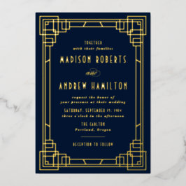 Modern Art Deco Wedding Navy and Gold Folie Uitnodiging