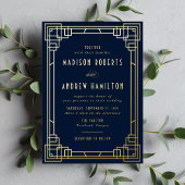 Modern Art Deco Wedding Navy and Gold Folie Uitnodiging